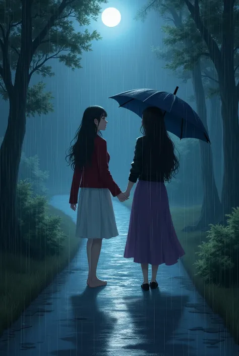 Image of a fair-skinned girl ,  dark hair, long and wavy,  who wears a white dress with a red jacket walking in the rain on a moonlit path.  A fair-skinned girl ,  long black hair , who wears a purple dress with a black jacket approaches with an umbrella f...