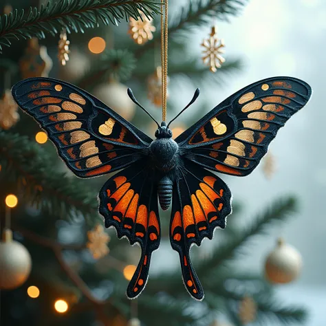 A souble exposure of snowflakes and A giant black witch moth with a polyphemus moth, as a christmas ornaments on a christmas tree, 8k, UHD, HDRi, hyper detailed, ultra realistic, best quality