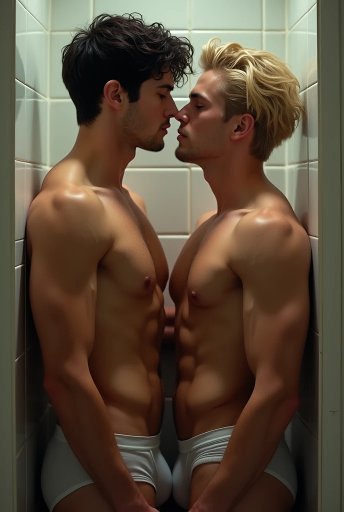  real young man with black hair and a bit of a blonde with the body of a bodybuilder and with a friend who is handsome and tender thin silky white skin,   wavy golden blonde hair silver eyes thin eyebrows , Labios pequeños) And in a bath alone in underwear...