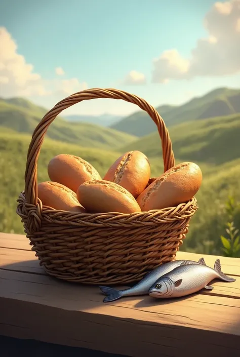 Basket with five loaves and two fish 