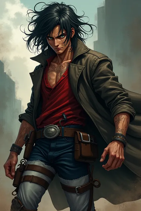 Attack on Titan style character similar to Eren Yegar with long hair, black gabardine, dark blue pants and a red shirt with brown skin and several scars from cuts under his green eyes 