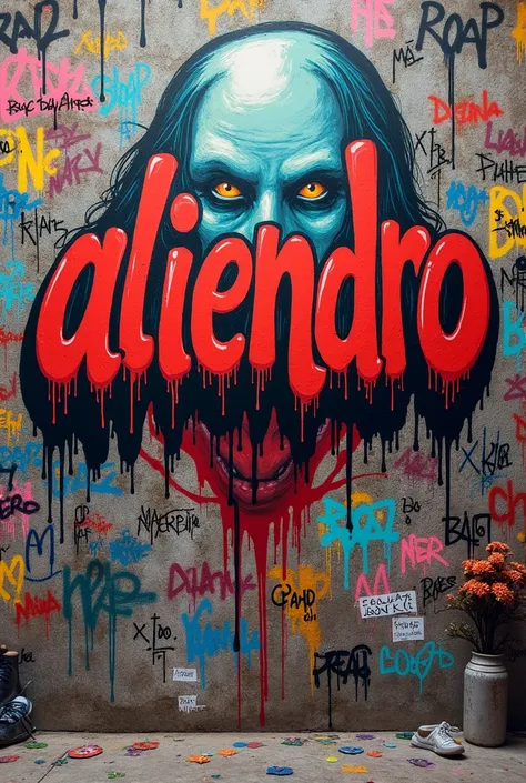 generates a wall full of graffiti graffiti, but there will be a big word that says "ALIENDRO" with a falling paint effect