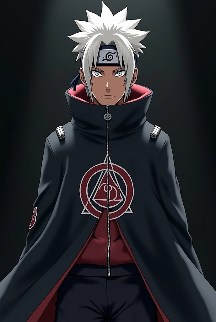 Naruto Character, Genin Uniform, White Clothes, White Eyes Color with no pupils, Konoha Headband, Brown Skin Color, White Hair Color, Pyramid Symbol on clothes, Male, black and shiny blackground