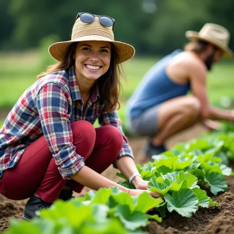 1. The image shows two people working in a garden or farm. One person in the foreground is squatting and smiling, wearing a plaid shirt, red pants, and a straw hat, with sunglasses perched on their head. The other person in the background is kneeling and t...