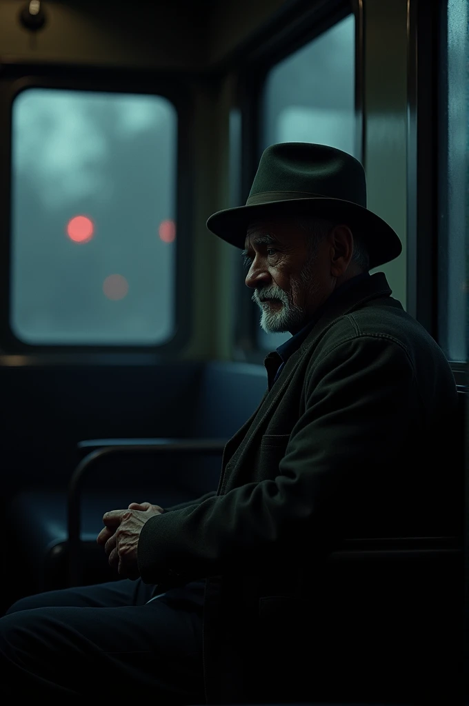 Insert image of an empty train car at night with an elderly man sitting in the background, wearing a dark hat and looking into the void .