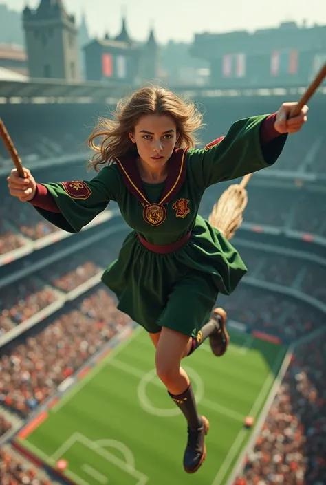 A woman in a Quidditch uniform flies on a broomstick over the Quidditch pitch