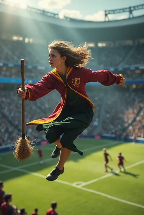 A woman in a Quidditch uniform flies on a broomstick over the Quidditch pitch