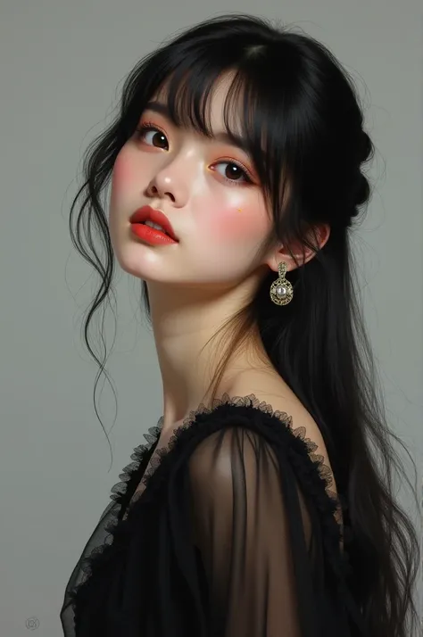 young woman l/ (eyes not too narrow)/ skin is pale /dark brown eyes/hair is black, straight and long (to the waist)/bangs/has a small birthmark under the right eye and under the lip on the left side/ photorealism/ dressed in 19th century style/ in an expen...