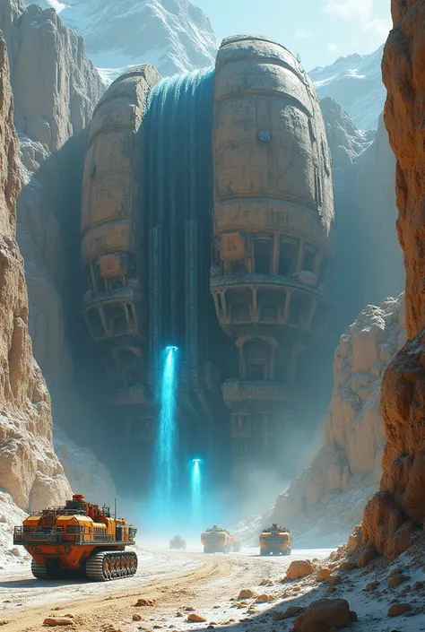 Fleets of Cobalt rusted faded reddish gold black and blue. 1170,000ft long and 140,000ft wide and 12000ft high gigantic mining excavation and tunnel boring vehicles blasting the massive rock walls to extract rare alien minerals and jewels. Alien Giger mini...