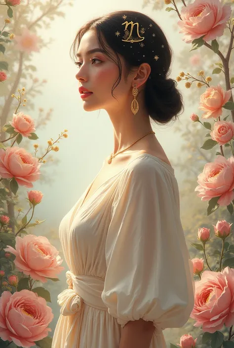 An elegant woman in a harmonious environment, surrounded by elements of beauty such as flowers or works of art. yem head as the sign of libra. The scene has pastel tones and soft light, with the person wearing classic and refined clothes.