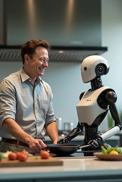 Elon Musk smiling and cooking next to a humanoid Tesla robot