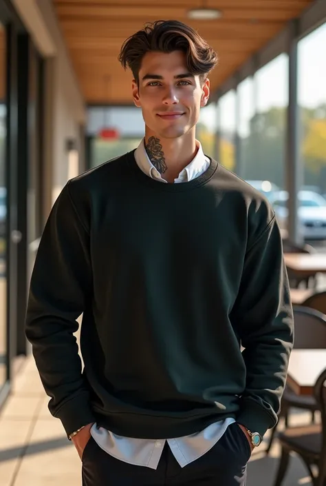 Tall and athletic man 22 years old green eyes athletic symmetrical face flirty smile brown hair brushed sideways slightly wavy wearing black dress pants and a black sweatshirt low he is wearing a white dress shirt only the collar of this. He has tattoos on...