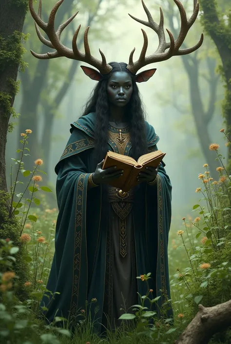 black-skinned druid with elk horns a grass cover and a book in her hand