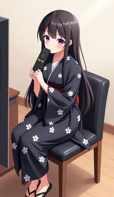 An anime-style illustration of a teenage girl with long black hair and purple eyes and sitting on a dining chair and backrest, shiny black leather with wooden legs. She wears a black yukata, flowers and getas., while holding a black television remote contr...