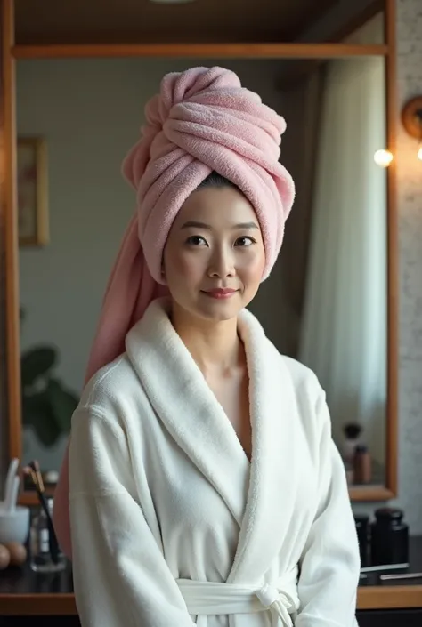 A sexy still very young looking 50 yearsold mature Japanese girl with a pink hair towel completely covering her head she is getting married wearing a bathrobe standing in a makeup room full body view High-k ey lighting Style, 1girl, sol o,gray hair, comple...