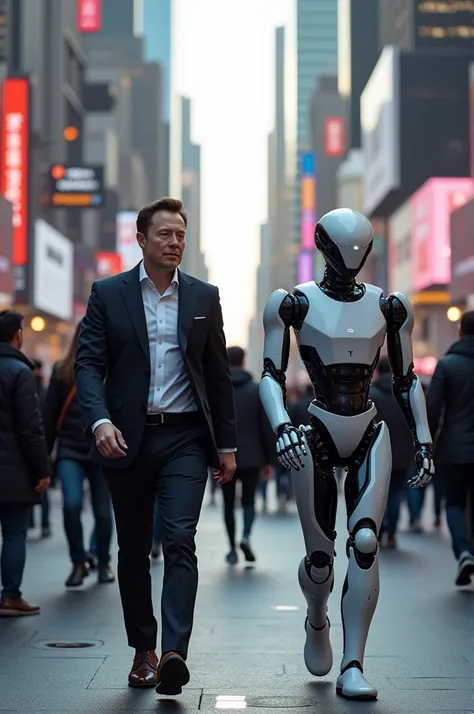 Elon Musk walking on a crowded street with his Tesla robot