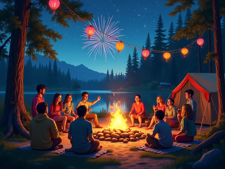 make a photo depicting a fireworks party in the campground area