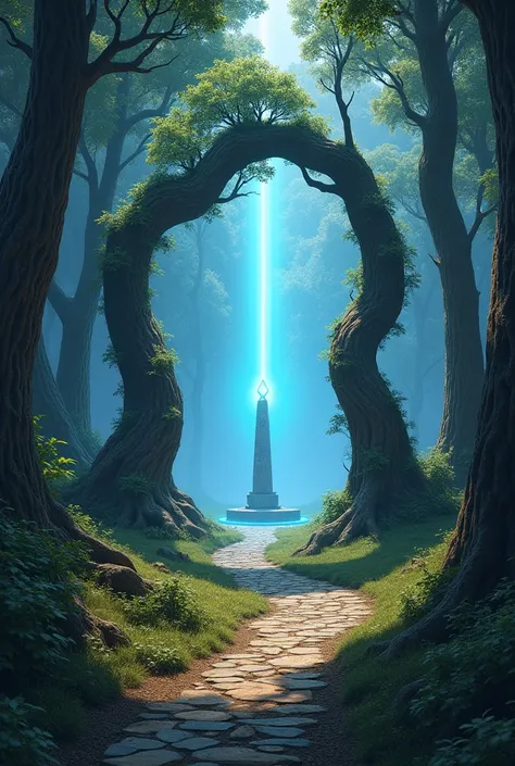 A mountain trail that goes up with trees around, two very small trees merge to form an arch closed by a blue force field and behind it there is a small stone pillar with a diamond in its center that shines in the same color as the force field 