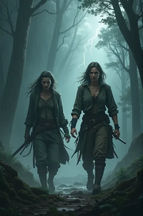 A woman and a woman braving a storm in the woods