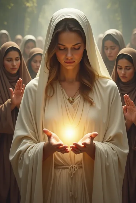 Please make me an image of a very spiritual woman giving to the poor 