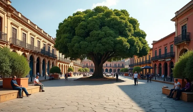  The image shows a public square in a historic city, with colonial buildings in the background .  The square is paved with large and irregular stones ,  and there are several well-kept trees and shrubs around .  People sit on benches and walls ,  talking a...