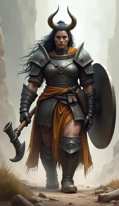 A massive warrior with rhino traits, including a horn on her forehead and thick skin like armor. Her armor is heavy, with iron plates, and she carries a massive round shield and a mace. Her steps make the ground shake.