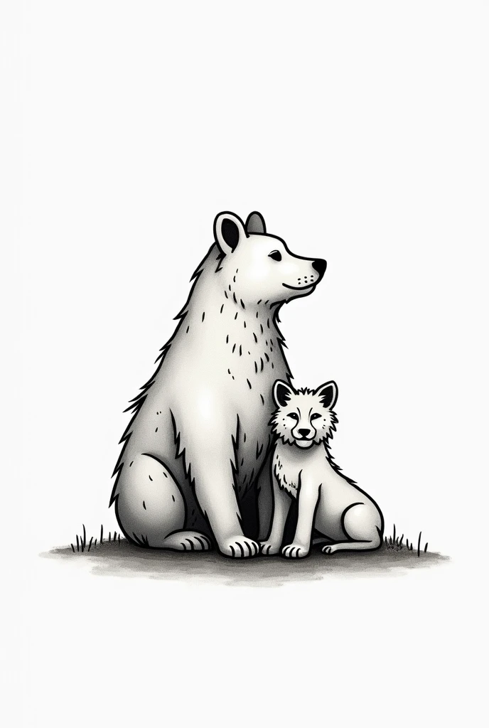 Do a minimalistic black and white bear tattoo,  a wolf and a lion cub sitting side by side .  The bear who is older than the other representatives the oldest of the siblings ,  the wolf representing the youngest of the siblings and a lion cub representing ...