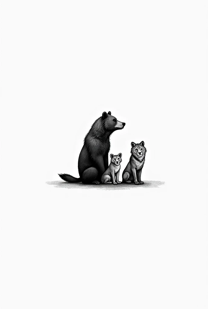 Do a minimalistic black and white bear tattoo,  a wolf and a lion cub sitting side by side .  The bear who is older than the other representatives the oldest of the siblings ,  the wolf representing the youngest of the siblings and a lion cub representing ...