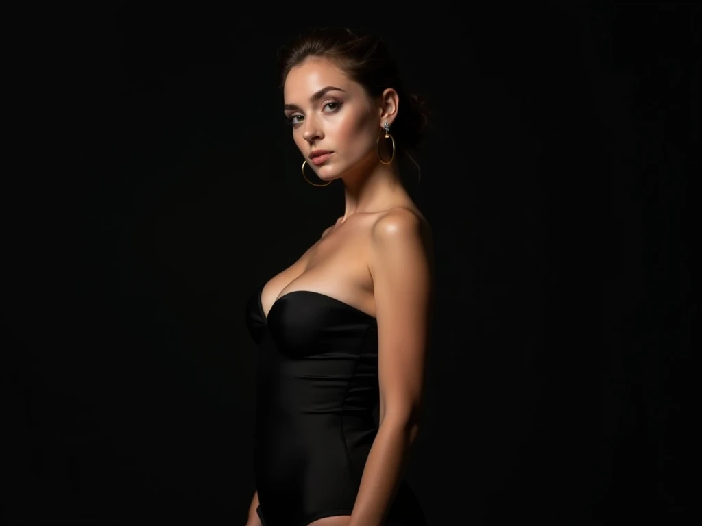 A woman with a sensual and confident expression, dressed in elegant and subtly revealing attire, standing against a solid black background. The focus is on the interplay between allure and restraint, symbolizing the journey of overcoming and self-reflectio...