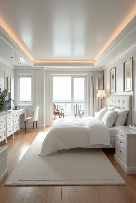  moldings A bright and elegant bedroom designed to simulate the interior of a ship .  The room includes :

 A four-poster bed as a central element ,  surrounded by white furniture that provides freshness .

 A balcony door on one side and a window on the o...