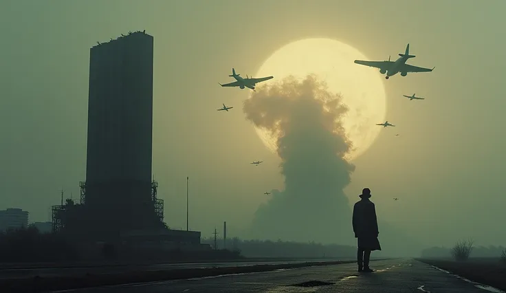 "An intense, symbolic representation of significant historical events. The image should feature dark, ominous clouds above a crumbling Soviet monument to symbolize the fall of the USSR, a faint silhouette of a nuclear explosion to represent Chernobyl, and ...