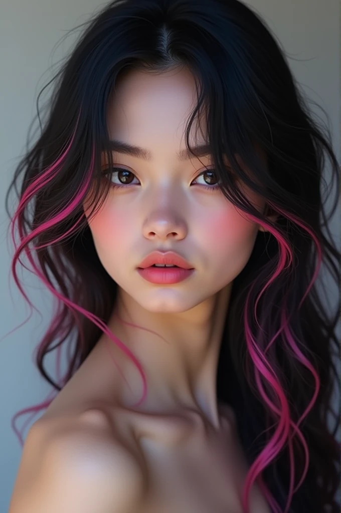 Woman with black hair with pink details aged 19 years 