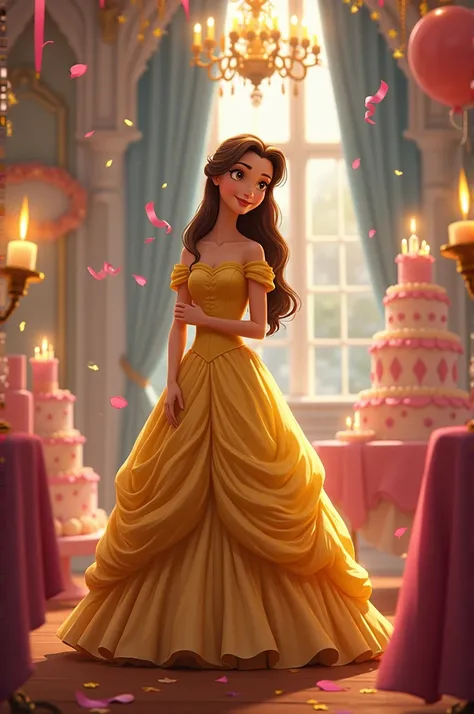 An image of Disneys Princess Belle with decorations for a birthday
