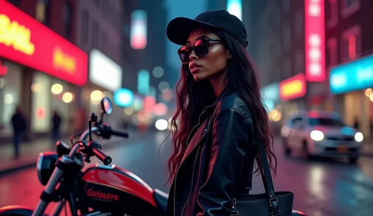 Une belle femme africaine sexy  aux cheveux longs bien coiffé portant une casquette noire une lunette noir et vêtue dun par-dessus noir stylé comme une star qui monte sur moto apache garée avec un gros sac noir attaché dans la rue de New York dans une nuit...