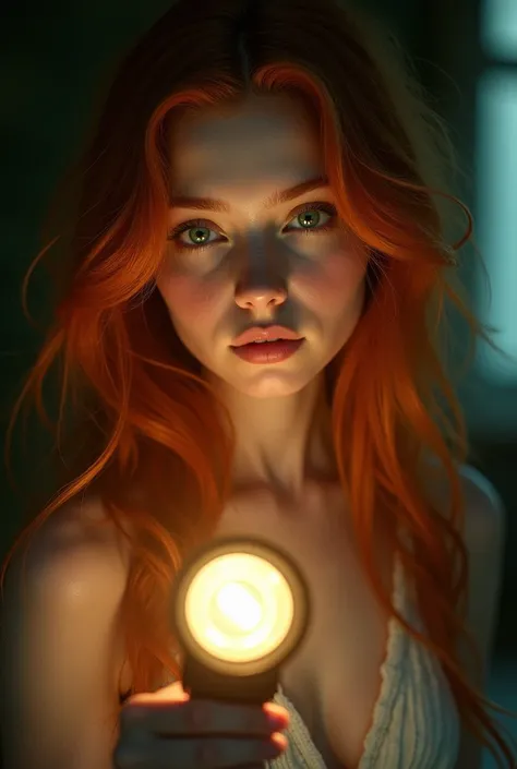 Beautiful girl with long red hair,  green eyes ,  flashlight 