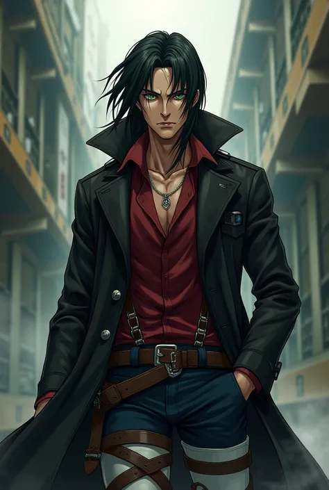  An anime-style man from Attack on Titan , similar to Eren Yager in season 4 with long hair, but with brown skin ,  green eyes with scars cut behind his eyes , He wears a black trench coat, a red shirt, dark blue pants and a powerful look smoking a cigaret...