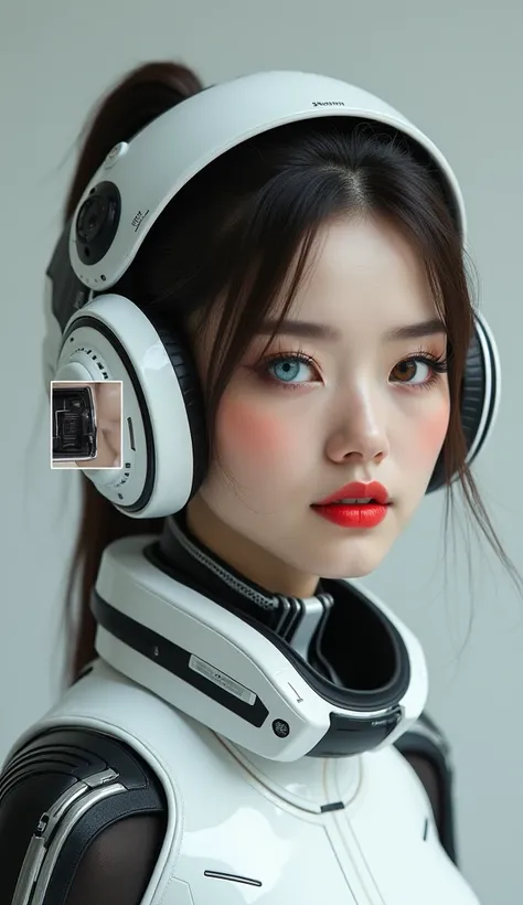 This is a highly detailed, high-resolution photograph featuring a young woman with a striking futuristic aesthetic. The woman has light skin and dark brown hair styled in a sleek, pulled-back manner. She is wearing a futuristic, white and black, high-tech ...