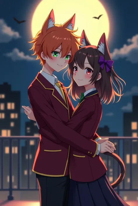  Young anime boy  with short wavy orange hair ,   with two locks on each side look like cat ears ,  neon green eyes bright white skin friendly and shy look , kind and nervous smile ,  dark red school uniform with gold details and pants 
elegant black  ,  b...