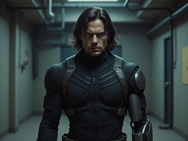 ((Winter Soldier Bucky Barnes)) with bionic arm in an empty room