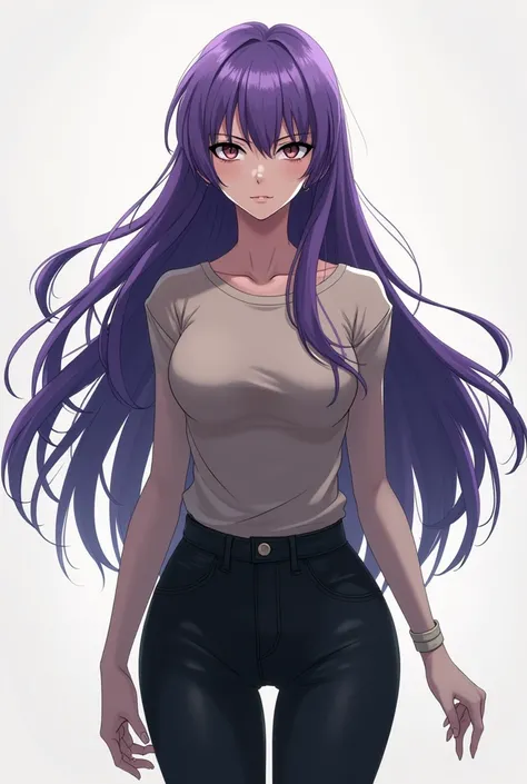 Anime girl with purple hair black pants serious woman