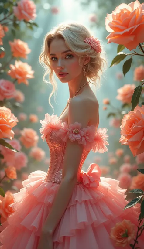 This is realistic fantasy artwork set in the an enchanted pastel bubblegum and rose garden. Generate a proud woman with a highly detailed face dressed in the billowing folds of a stunning French silk ballgown. The womans sweet face is ((((highly detailed, ...