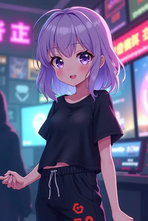 Anime girl with light purple hair black pants teenager gamer and black shirt