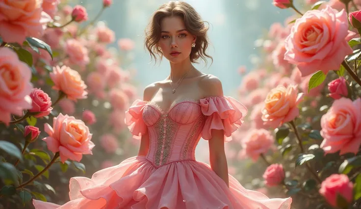 This is realistic fantasy artwork set in the an enchanted pastel bubblegum and rose garden. Generate a proud woman with a highly detailed face dressed in the billowing folds of a stunning French silk ballgown. The womans sweet face is ((((highly detailed, ...