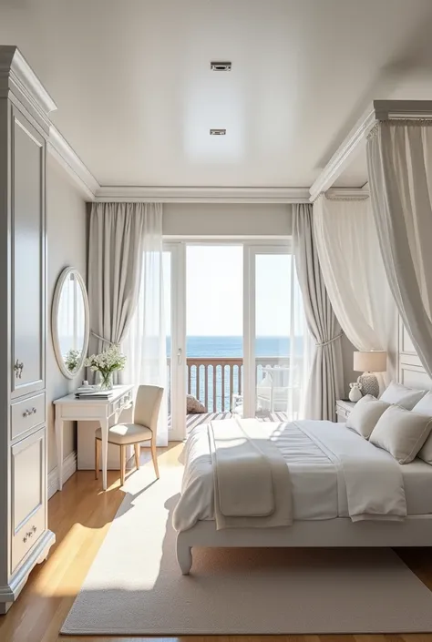  A bright and elegant rectangular bedroom designed to simulate the interior of a boat .  The room includes :

A four-poster bed and curtains as a central element ,  surrounded by white furniture that provides freshness .

 A balcony door on one side and a ...