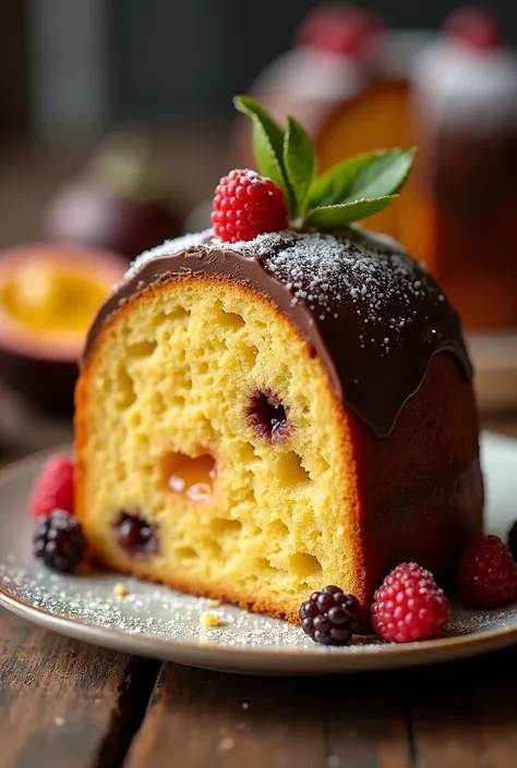  Panettone Filled with Passion Fruit with Organic Chocolate Frosting :
A fluffy panettone ,  filled with a soft mix of fresh passion fruit that provides an acidic and refreshing flavor,  complemented by a high-quality organic chocolate glaze .  The contras...