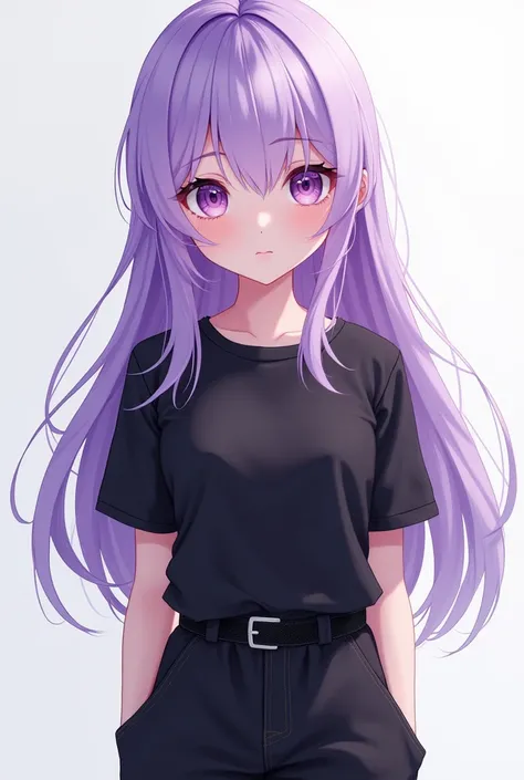 Anime girl with light purple hair, black gamer pants and black shirt