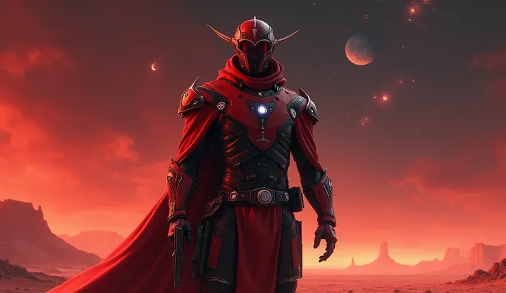 An imposing space cowboy, with a futuristic costume that mixes classic western and high-tech elements. The costume is predominantly red and black, with metallic details and luminous visors. He holds a stylized laser pistol in one hand, while the other rest...