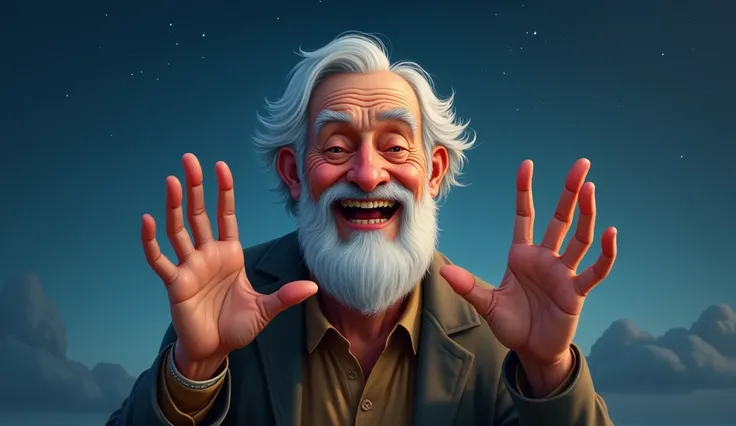  Old Man, indicates the number 5,  smiling, night atmosphere, 