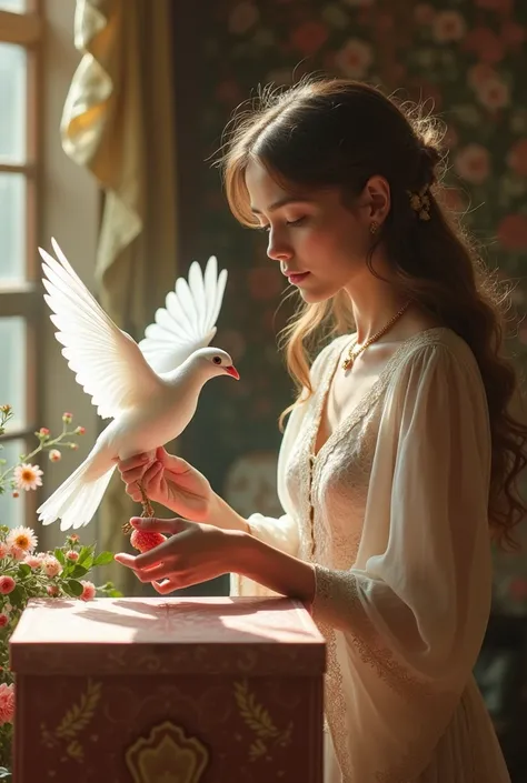 a photograph of a woman and a white dove picking up tickets on a raffle box