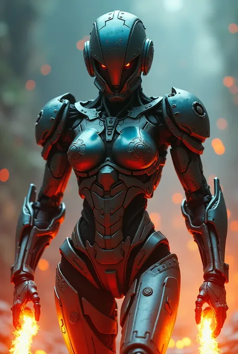 female killer robot, (warm color scheme), blue-tinted steel plates, ((combusting thrusters)), intricate design, dynamic pose, dramatic lighting, mystical background with ethereal glow, vibrant textures, high detail, ultra-detailed, cinematic atmosphere.